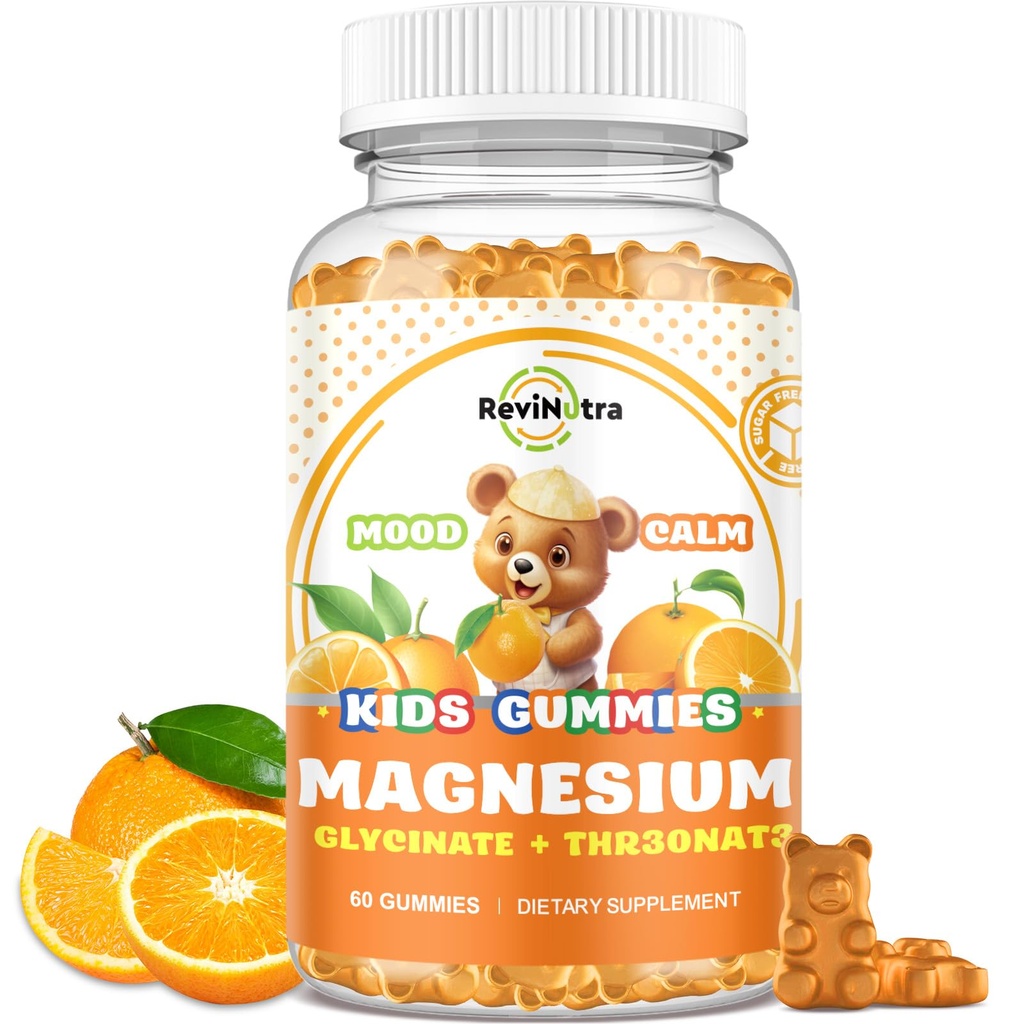 Magnesium Complex Gummies for Kids & Adults- Magnesium Glycinate Supplement- Support Calm Stress Relief, Bones, Mood Vegan- Sugar-Free Orange Flavor, 60 Gummies
