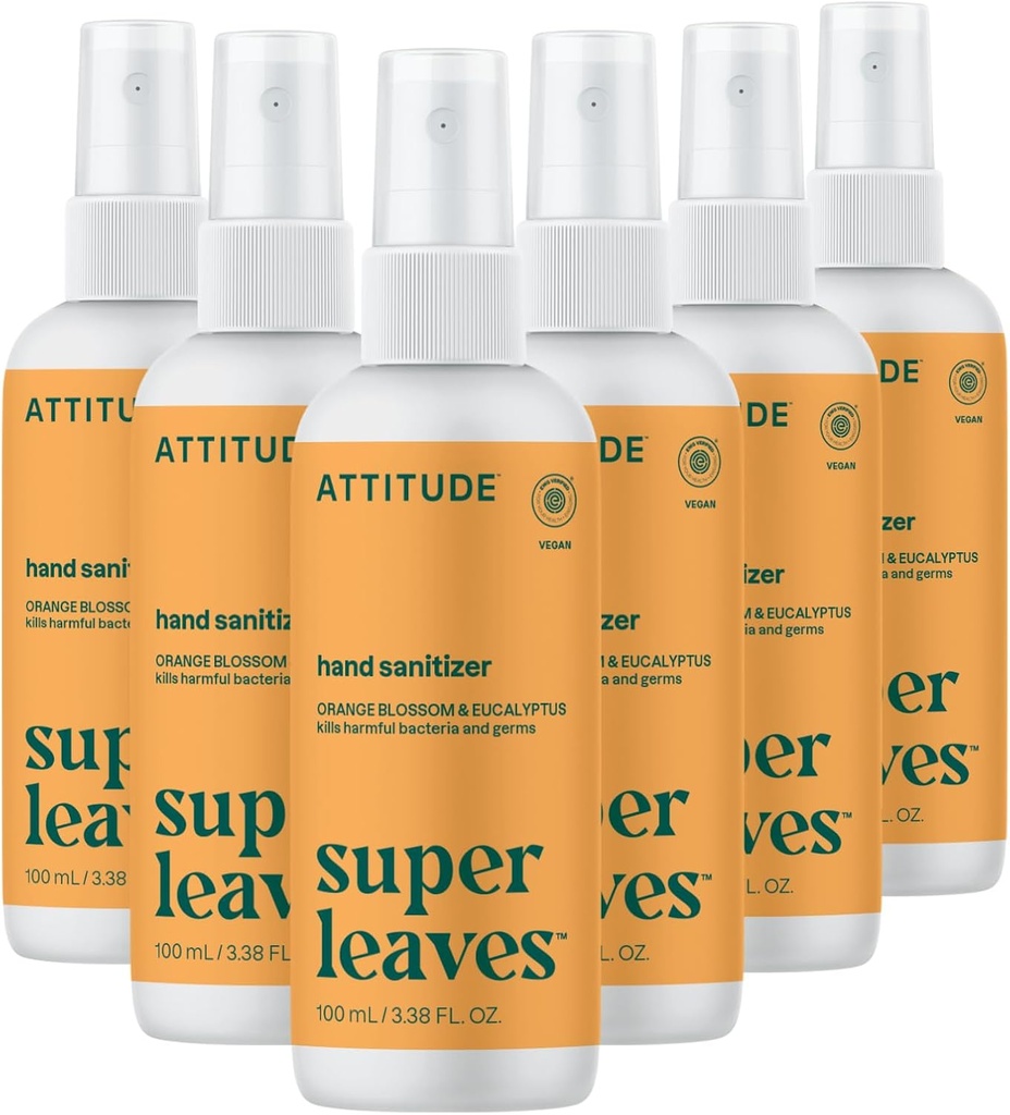 ATTITUDE Hand Sanitizer Spray, EWG Verified, Kills Germs & Bacteria, Vegan & Plant-Based, Safe for Adults & Kids, Orange Blossom & Eucalyptus Scent, 3.38 Fl Oz (Pack of 6) (Spray Bottle)