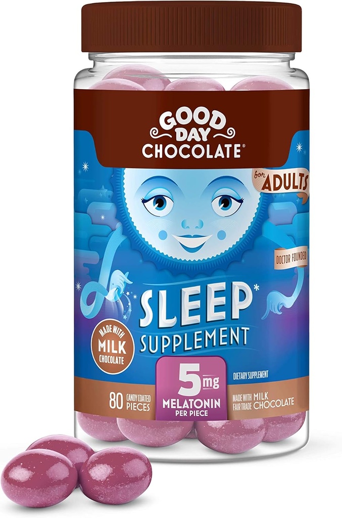 Good Day Chocolate Melatonin for Adults [ 80 Count ] - Fair Trade Non-GMO Milk Chocolate with Chamomile and Melatonin 5 mg - Adult Melatonin, Adult Natural Sleep Aid Supplement