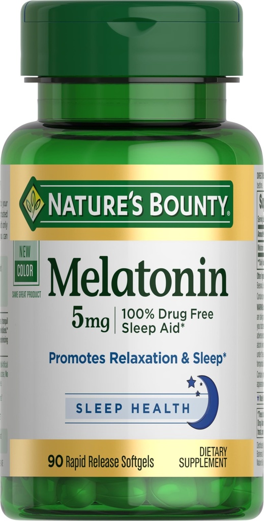 Nature's Bounty Melatonin, 100% Drug Free Sleep Aid, Dietary Supplement, Promotes Relaxation and Sleep Health, 5mg, 90 Softgels (Pack of 1)