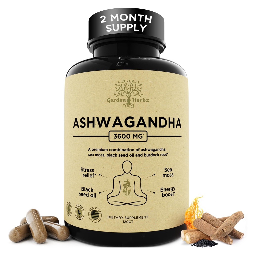 Organic Ashwagandha Root & Irish Sea Moss Capsules 3,600 mg with Black Seed Oil & Burdock Root – Stress, Mood, Energy & Sleep Support Supplement for Women and Men – Vegan, Non-GMO, 120 Capsules