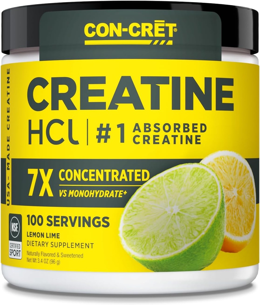CON-CRET Creatine HCl Powder | Muscle, Cognitive, Cellular Energy Support | No Bloating or Cramps | USA Made & NSF Certified | Lemon Lime (100 Serving)