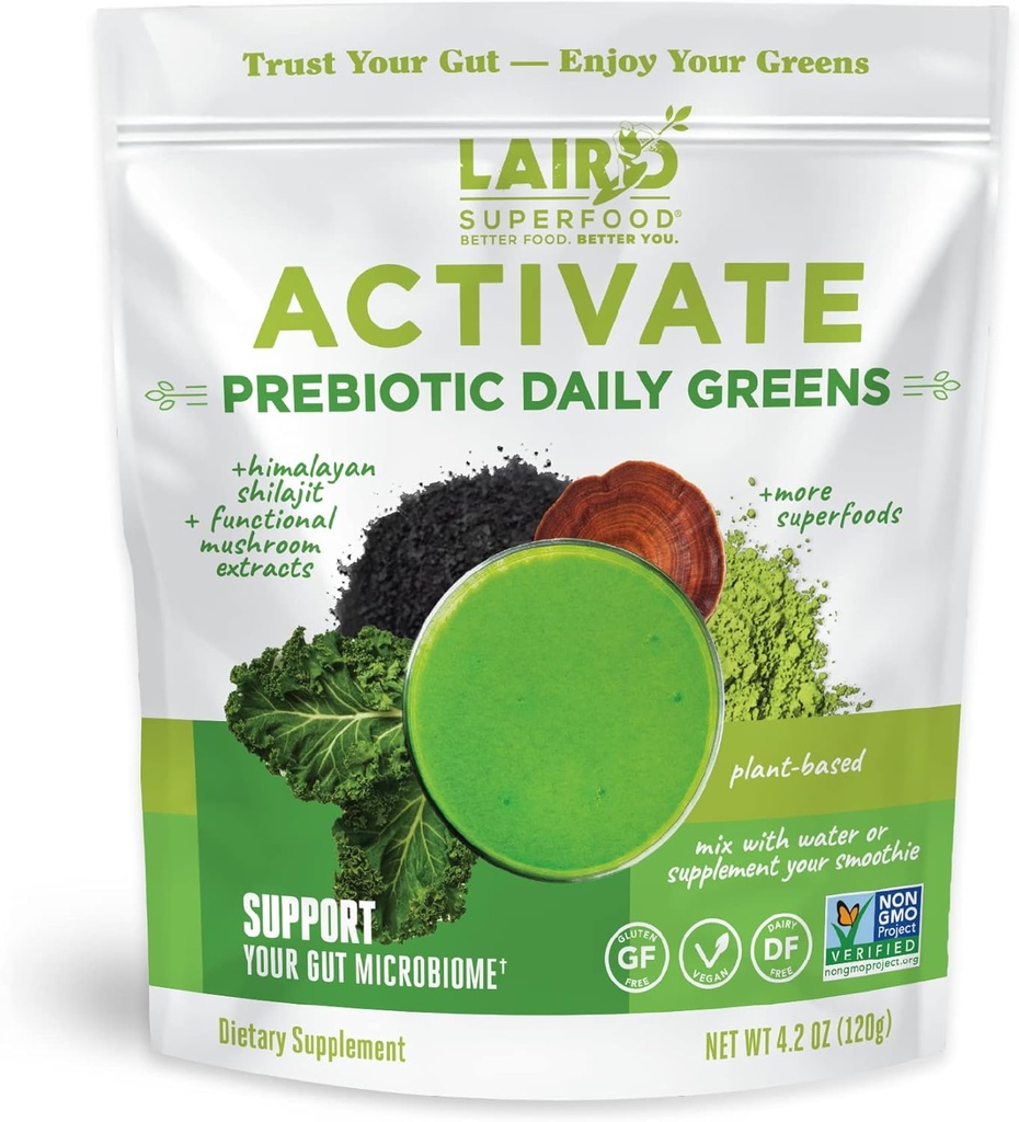 Laird Superfood Activate Prebiotic Daily Greens Powder Drink Supplement, Himalayan Shilajit Powder and Functional Mushrooms, Supports Gut Microbiome, 4.2 Oz Bag, Pack of 1