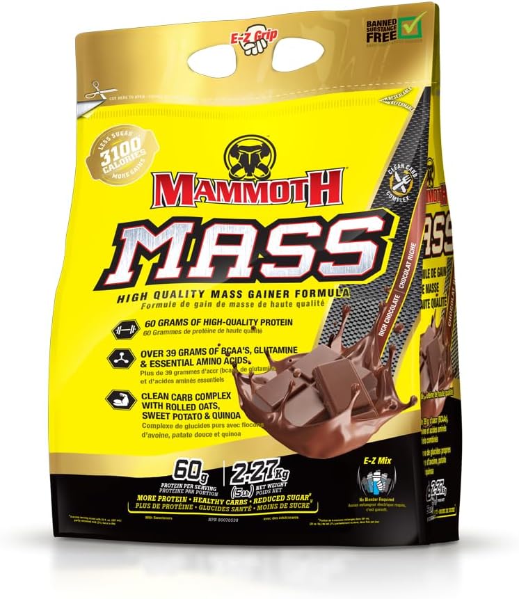 Mammoth Mass: Weight Gainer, High Calorie Protein Powder Workout Smoothie Shake, Low Sugar, Whey Isolate Concentrate, Casein Protein Blend, Weight Training, High Protein (Chocolate, 5lb)