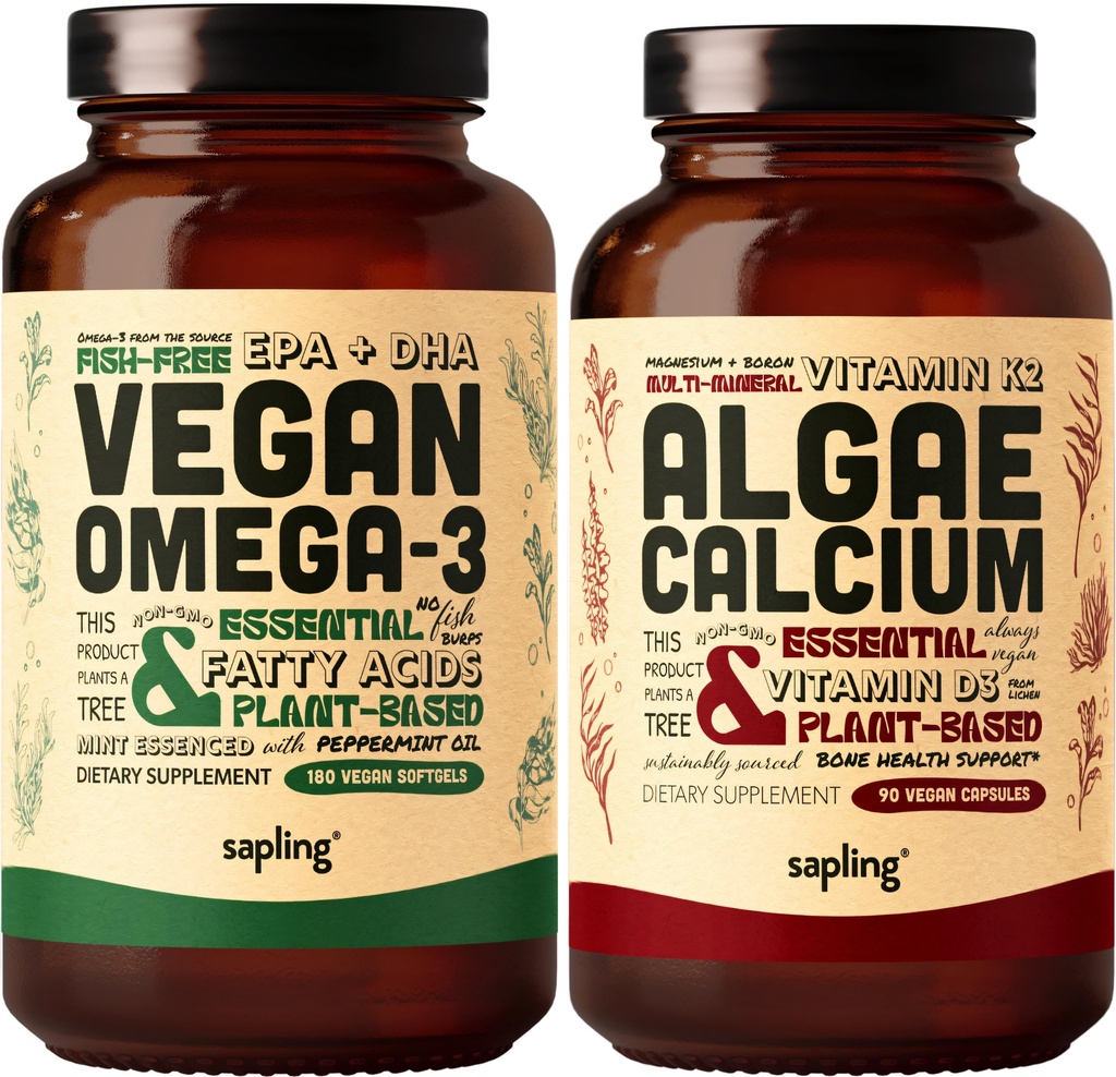 Vegan Omega 3 180 Softgels & Algae Calcium Bundle - Plant Based DHA & EPA Fatty Acids, Calcium Supplement from Red Algae with Vitamin K2 & D3, Magnesium, Zinc, Boron, Mineral Complex