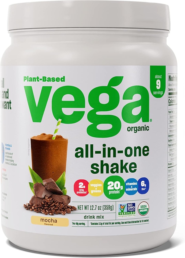 Vega Organic All-in-One Vegan Protein Powder Mocha (9 Servings) Superfood Ingredients, Vitamins for Immunity Support, Keto Friendly, Pea Protein for Women & Men, 12.7oz (Packaging May Vary)