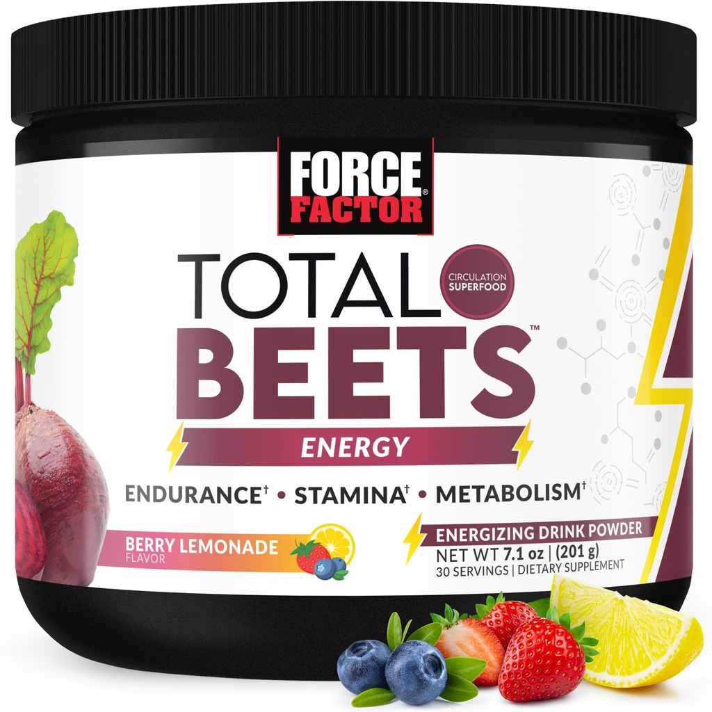 Force Factor Total Beets Beet Root Powder with Energy, NO3-T® Nitrates to Support Circulation, Blood Pressure, Blood Flow, and Stamina - Plus Green Tea Extract. A Superfood Supplement, 30 Servings