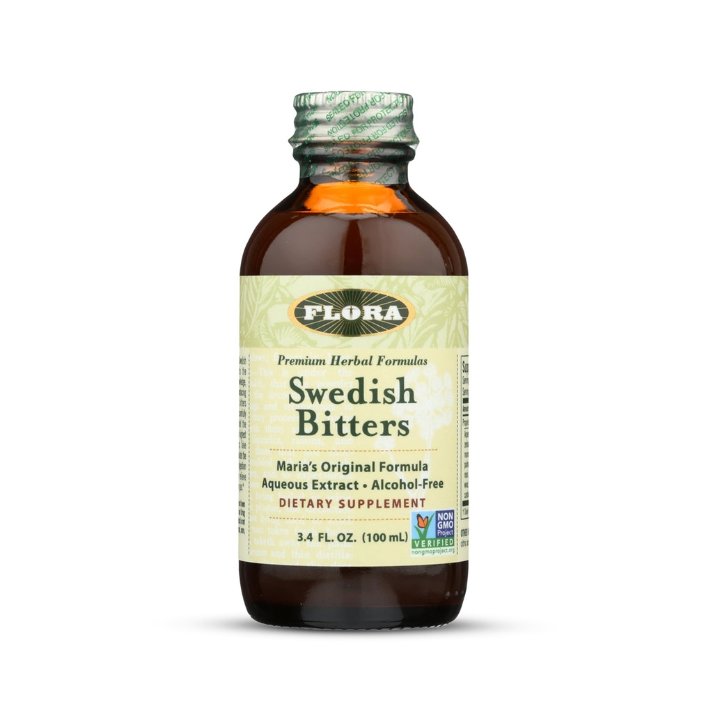 Flora - Swedish Bitters for Digestion, Alcohol-Free Bitters Help Bloating & Digestion, Maria's Original Formula Aqueous Extract, Vegan, Kosher, Non GMO, 3.4-fl. oz. Glass Bottle