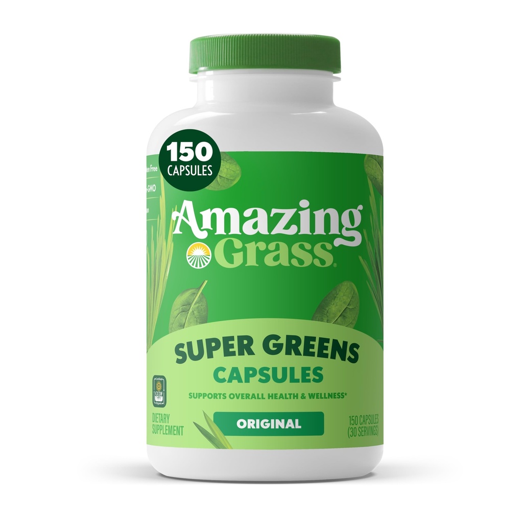 Amazing Grass Greens Blend Superfood Capsules: Super Greens with Organic Spirulina, Chlorella, Beet Root Powder, Digestive Enzymes & Probiotics, 150 Capsules (Packaging May Vary)