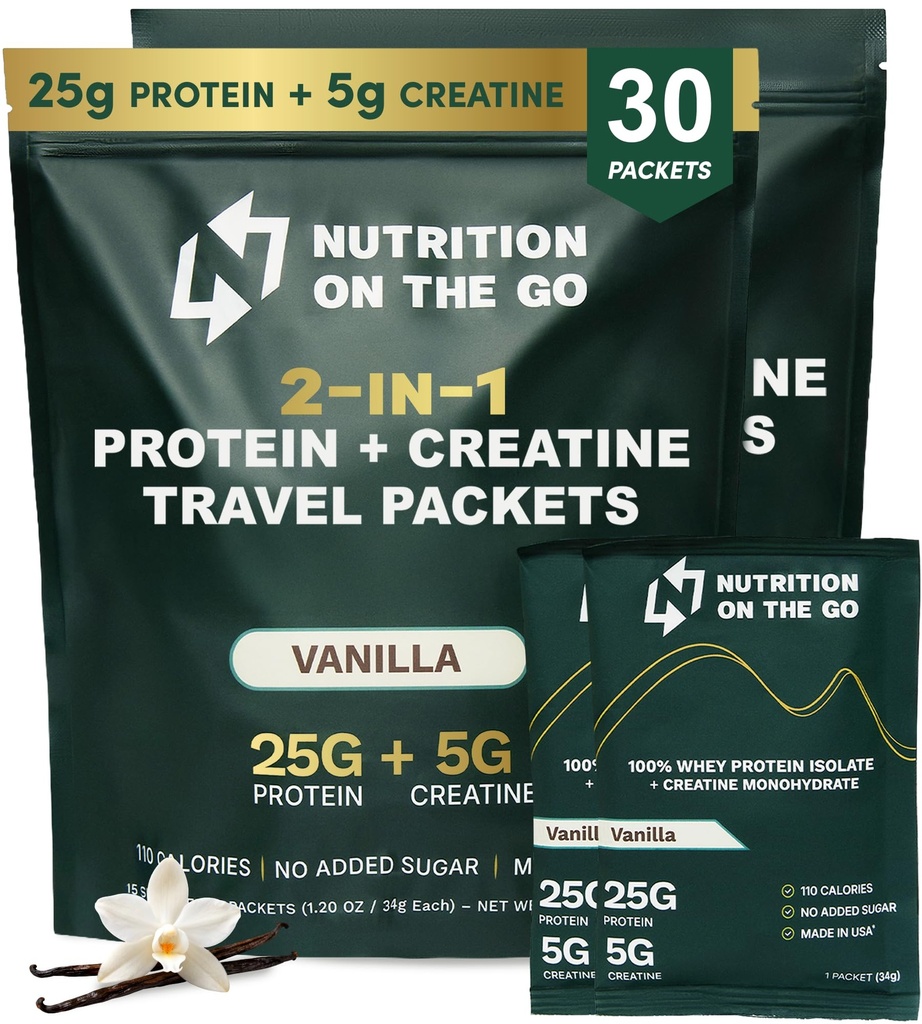 Nutrition On The Go Whey Protein Isolate Packets with Creatine – 25g Protein + 5g Creatine – Single-Serve Travel Protein Powder – Vanilla (30-Pack)