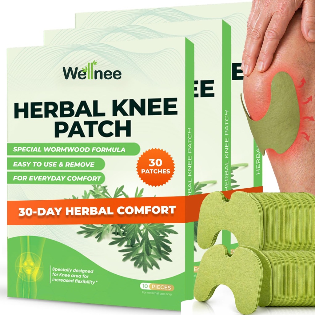 Wellnee Original Herbal Knee Patch - Wellknee Plaster for Knee Support & Muscle Pain - Maximum Strength for a Temporary Relief - Adhesive Heat Patches Made with Natural Herbs for Wellness (30 Pads)