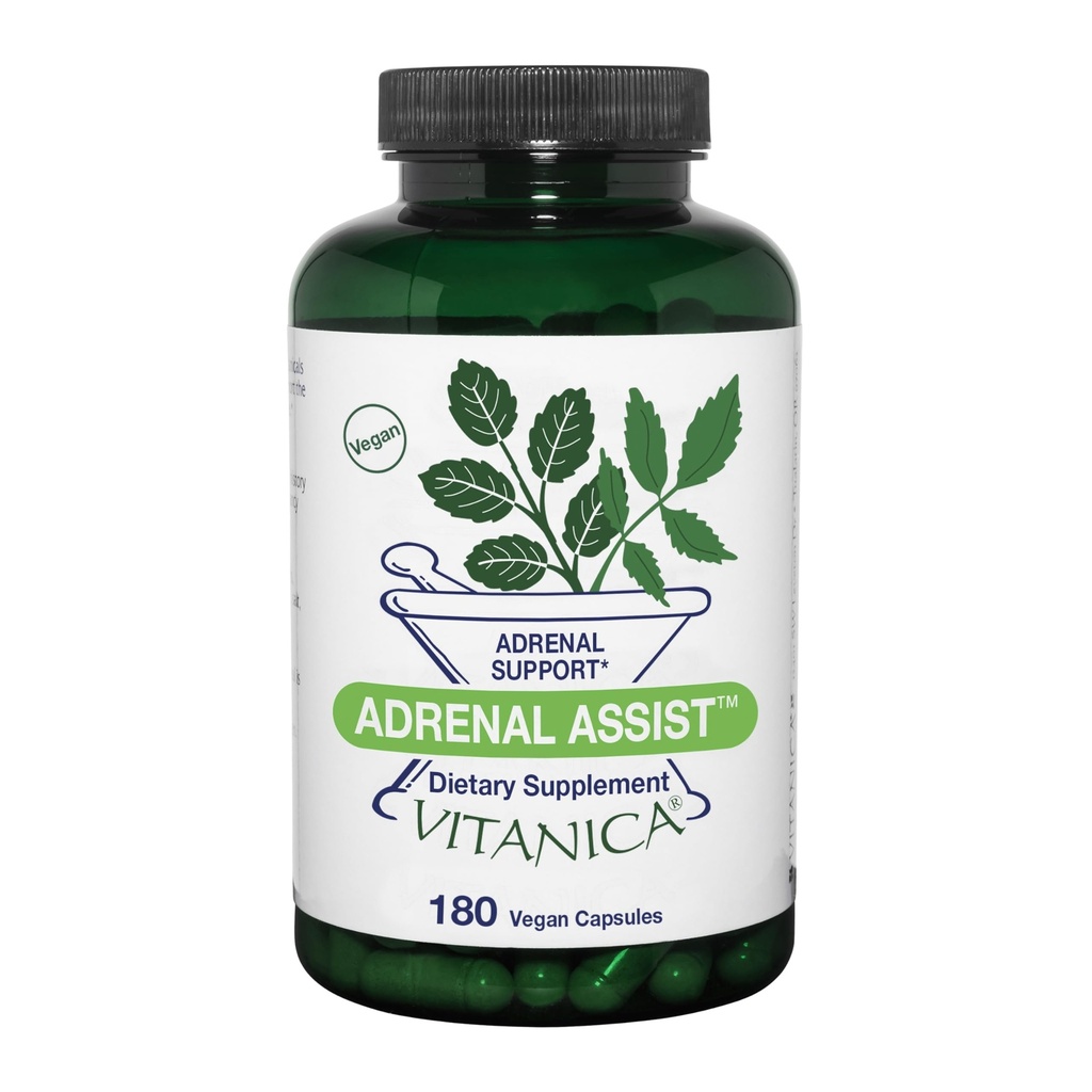 Vitanica Adrenal Assist - Nutritional Supplement with Tonic & Adaptogenic Herbs - Adrenal & Immune System Support Supplement with Zinc, Magnesium & B Vitamins - Pro Logo - 180 Capsules