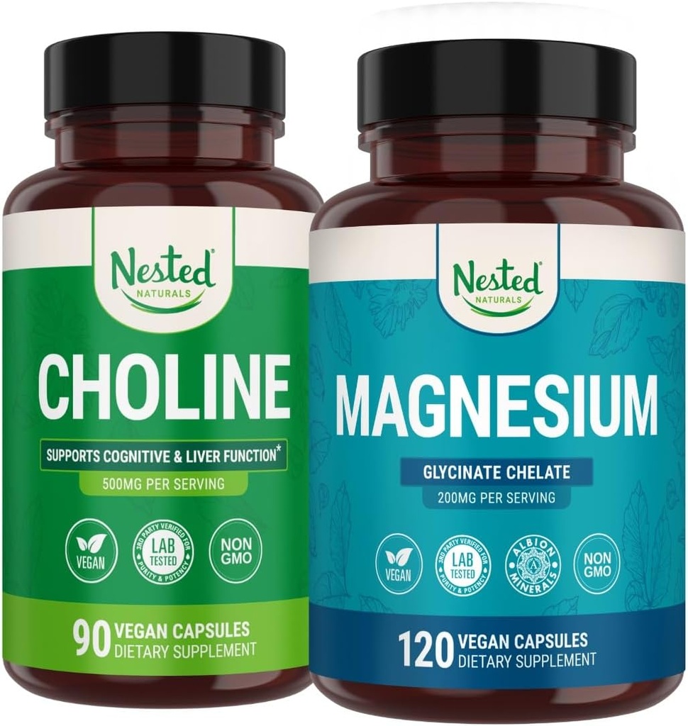 Nested Naturals Choline Bitartrate & Magnesium Glycinate Chelate Stack | Relaxation, Sleep Support, Cognitive Performance (210 Count)