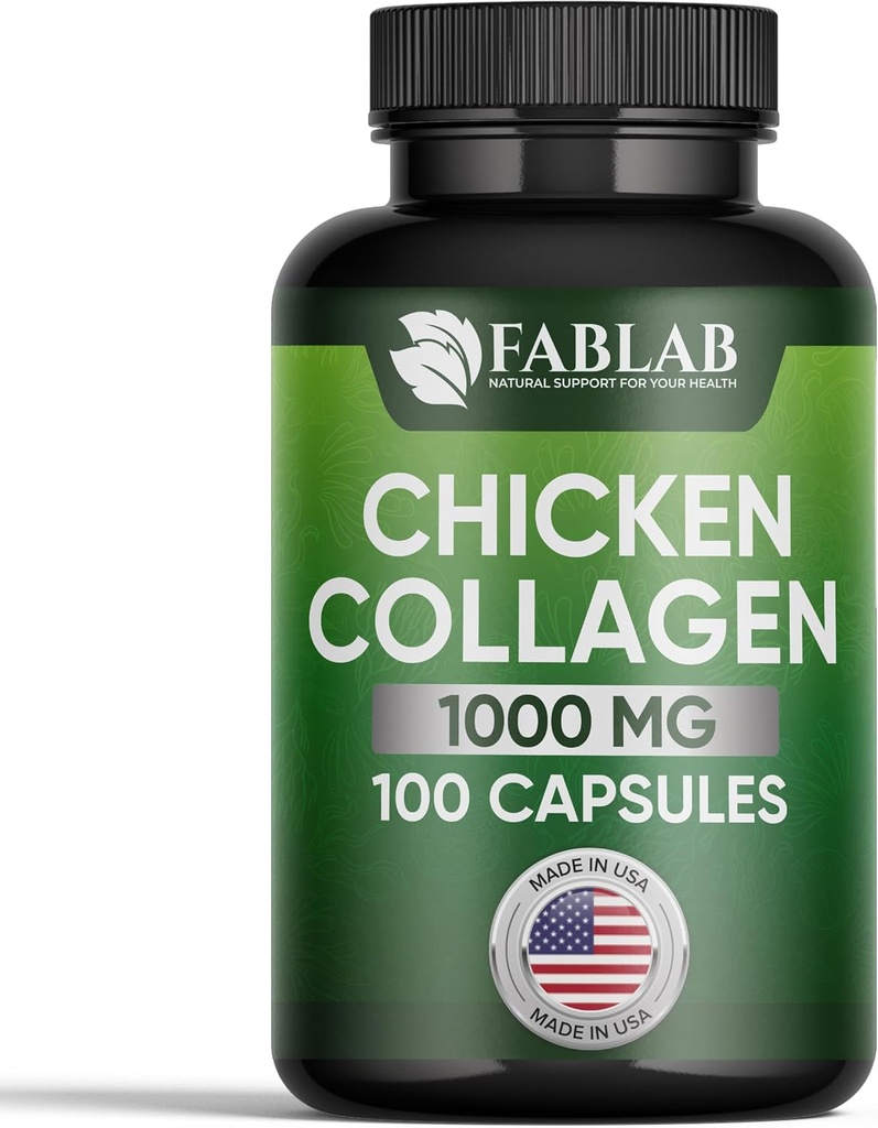 FabLab Chicken Collagen Type II Supplement - Nutritional Supplement for Joint, Nerve & Bone Support - Non-GMO, Anti-Aging Dietary Product with Hydrolyzed Peptides- 100 Capsules