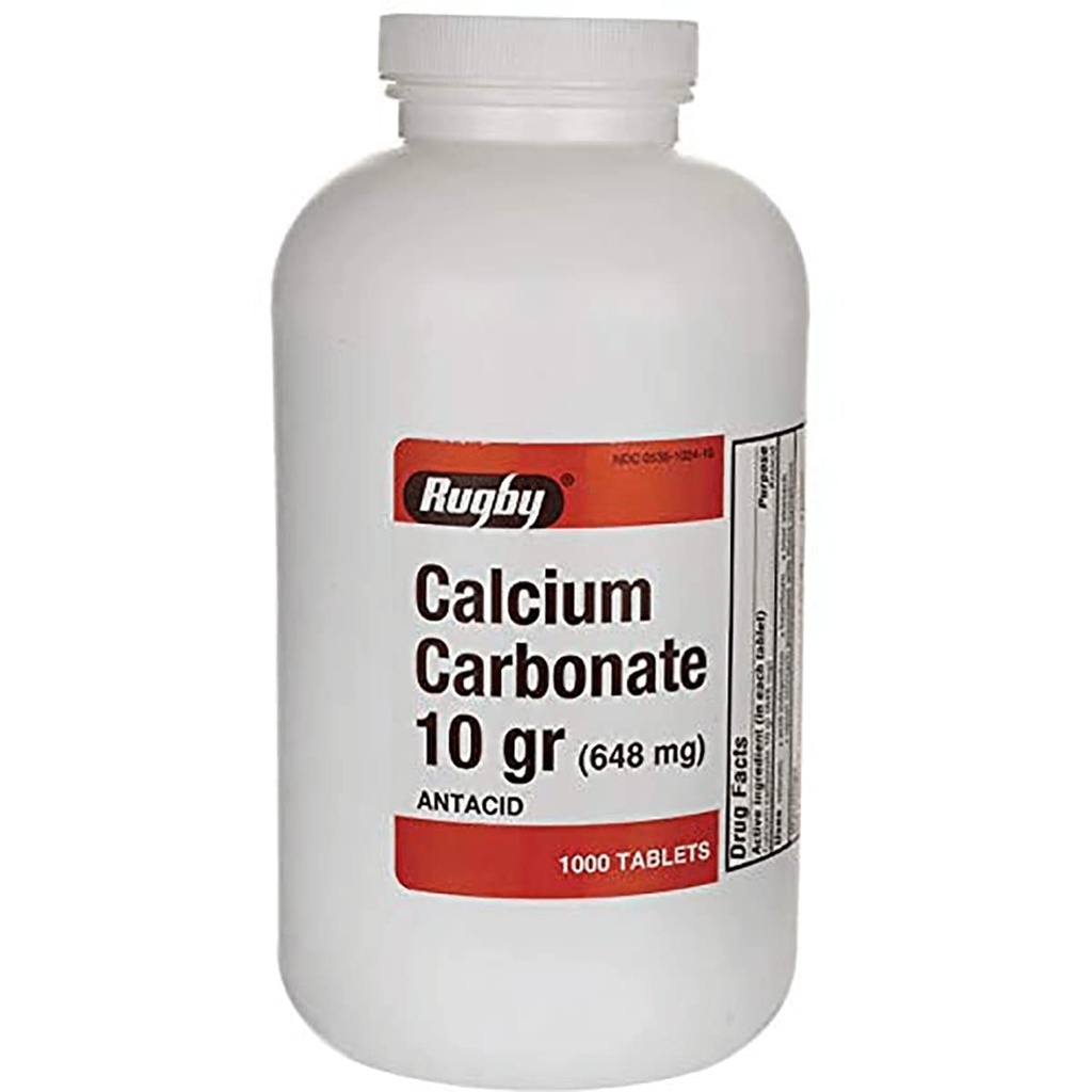Rugby Calcium Carbonate 10 gr (648 mg) - Antacid - 1000 Tablets