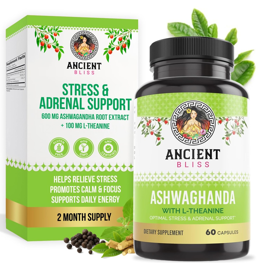 Ancient Bliss Ashwagandha with L-Theanine & Black Pepper Extract Capsules, Energy & Natural Mood Support Supplement, Focus Supplement for Adults