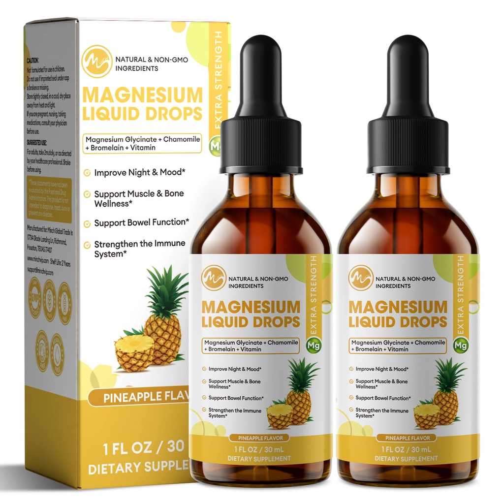 M inch Magnesium Glycinate Liquid, High Absorption Magnesium Liquid Drops with Chamomile, Hawthorn, Ginger Extract & Vitamin B6, B9, B12, C, D3, Magnesium Supplement, Pineapple Flavor, 2 Pack