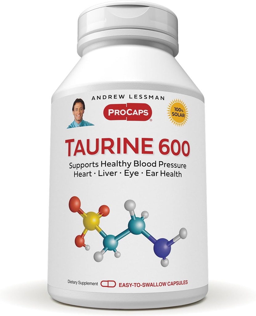 ANDREW LESSMAN Taurine 600-180 Capsules - Supports Healthy Blood Pressure, Heart, Liver, Eye and Ear Health. Pure, High Potency Source of The Amino Acid Taurine. No Additives