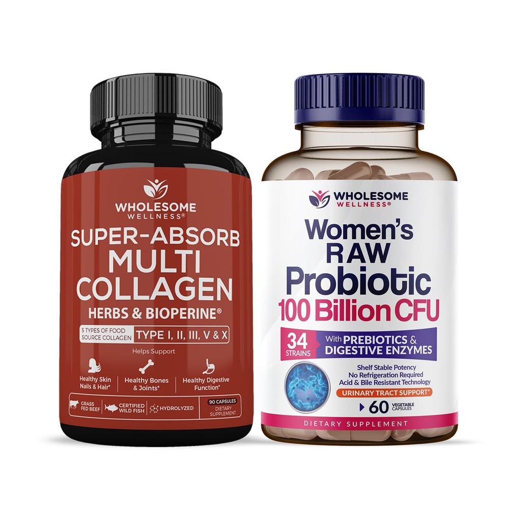 Wholesome Wellness Super-Absorb Multi Collagen Pills (Type I II III V X) Organic Herbs and Bioperine + Dr. Formulated Raw Probiotics for Women 100 Billion CFUs with Prebiotics Bundle