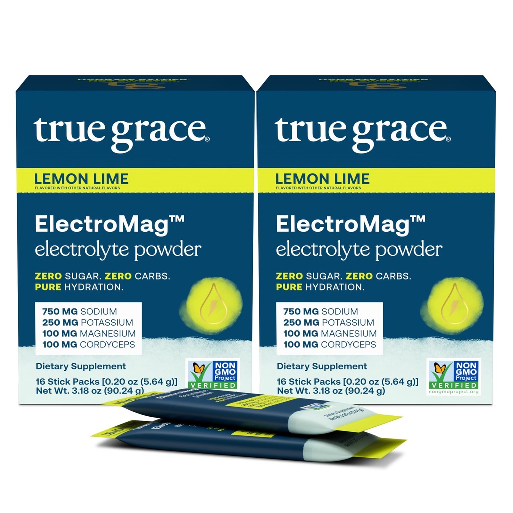 True Grace ElectroMag - 16 Stick Packs (Pack of 2) - Lemon Lime - Electrolyte Powder for Rapid Hydration - Sodium, Potassium, Magnesium & Cordyceps - Zero Sugar & Carbs - Non-GMO - 32 Total Servings