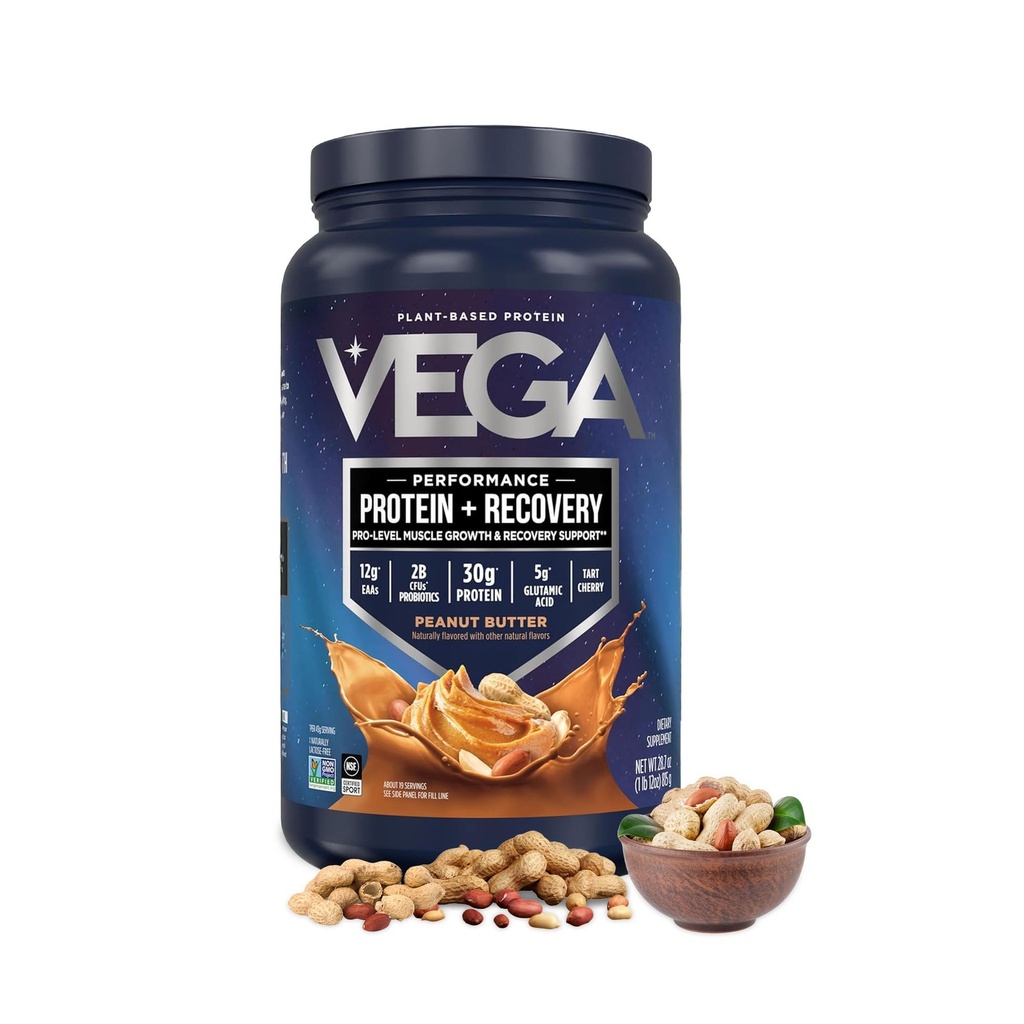Vega Protein + Recovery, Peanut Butter – 30g Vegan Protein, Dairy & Gluten Free, Probiotics, NSF Certified, 28.8 oz (19 Servings)
