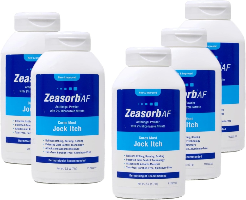 Zeasorb AF Antifungal Powder with 2% Miconazole Nitrate, Cures Most Jock Itch, 2.5 oz (Pack of 5)