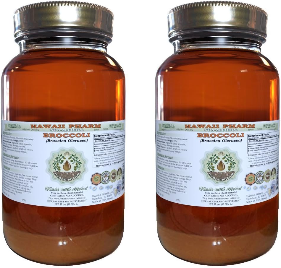 Hawaii Pharm Broccoli Alcohol-Free Liquid Extract, Organic Broccoli (Brassica Oleracea) Sprouting Seed Glycerite Natural Herbal Supplement 2x32 oz Unfiltered