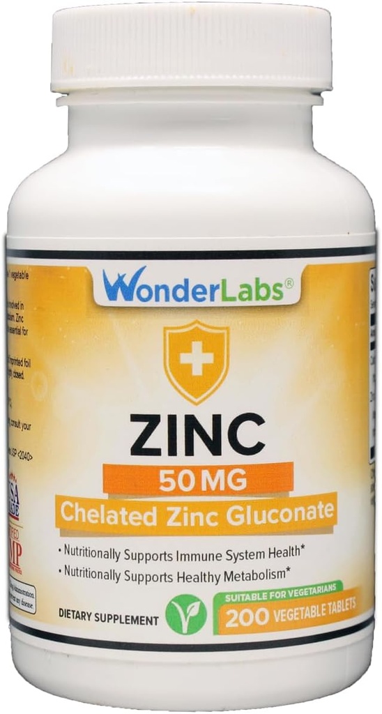 Wonder Laboratories Chelated Zinc Gluconate 50 mg - Supports Healthy Skin, Immune System, Cell Growth, and More - 200 Vegetarian Tablets