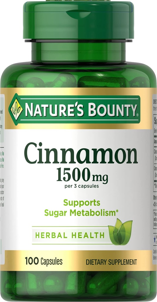 Nature's Bounty Cinnamon Capsules, Herbal Supplement, Supports Sugar Metabolism, 1500mg, 100 Capsules