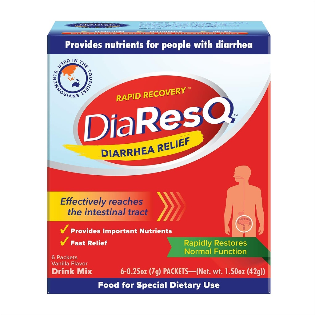 DiaResQ Diarrhea & Immune Support Colostrum Drink Mix for Adults, 6 Ct, Rapid Recovery, Helps Restore Normal Intestinal Function, Vanilla Flavor