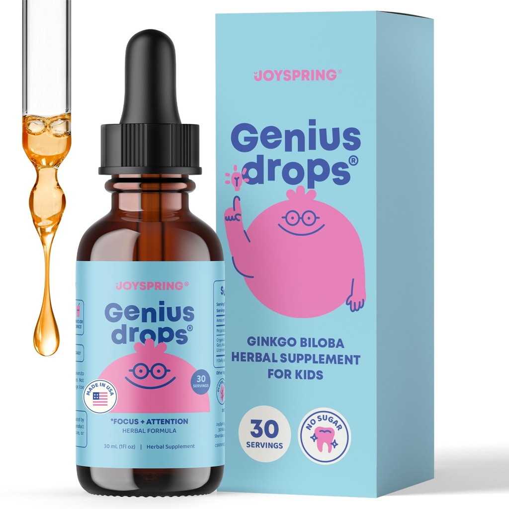 JoySpring Genius Drops for Kids | Clinically Proven Focus Supplement | Liquid Herbal Focus Supplement with Ginkgo Biloba for Kids (1 fl oz) 30 Servings