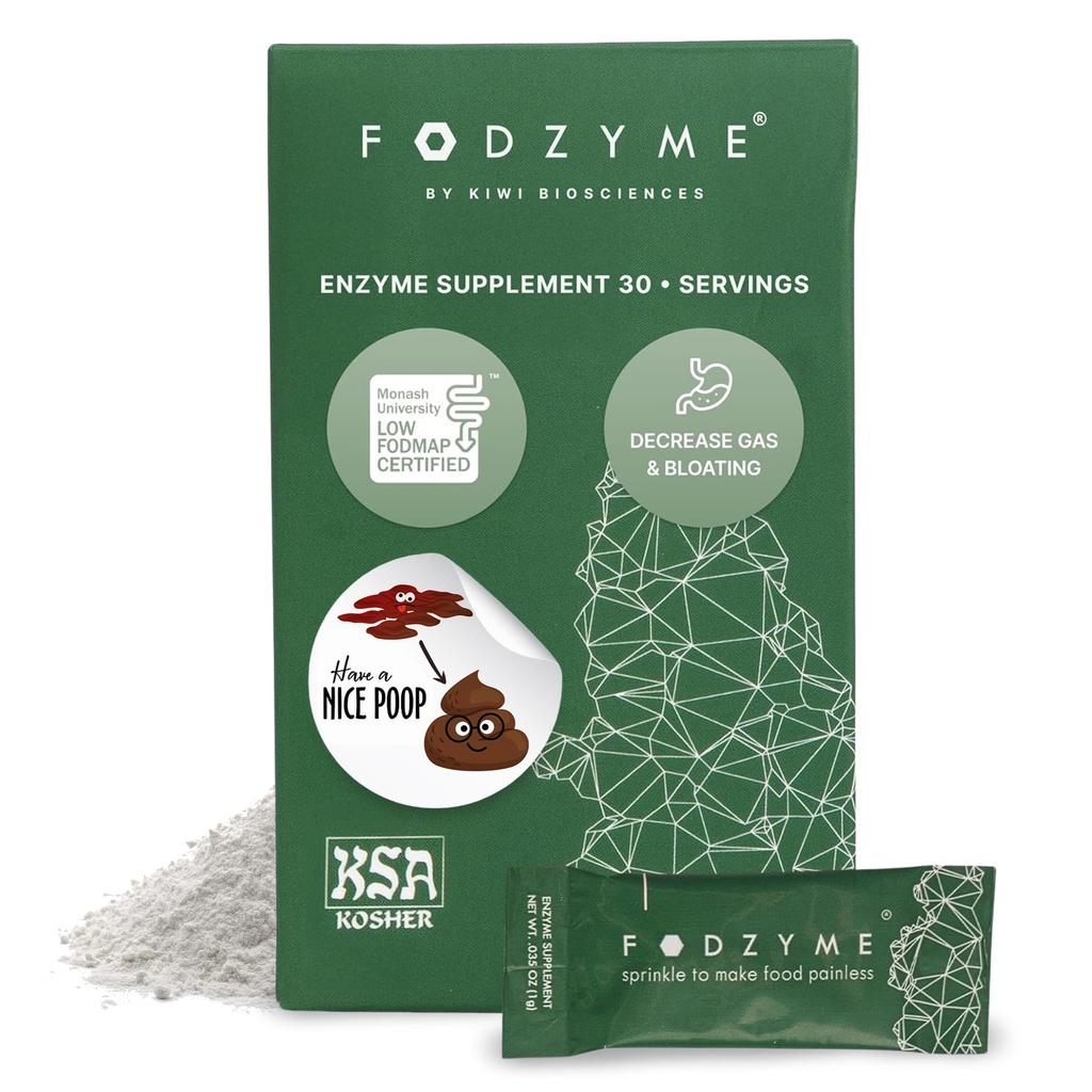 FODZYME® On-The-Go Digestive Enzymes for Gut Health, Relief for Bloating, Gas, Constipation, Diarrhea, Abdominal Pain, Low FODMAP, 30 Dose