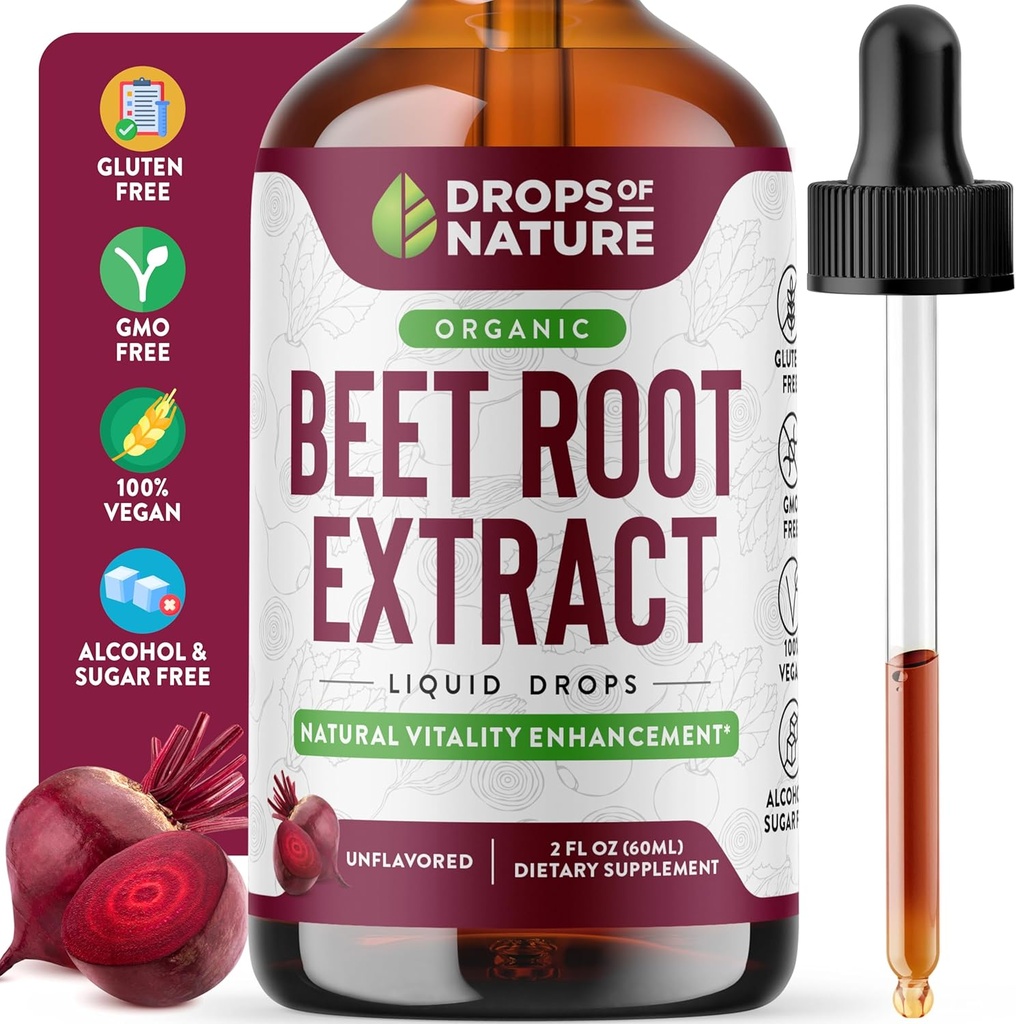 Beet Root Liquid Supplement - Made with Organic Beets Extract - Vegan and Pure - Higher Potency than Gummies, Chewables and Capsules - Supports Energy, Vitality & Circulation (Unflavored, 60mL)