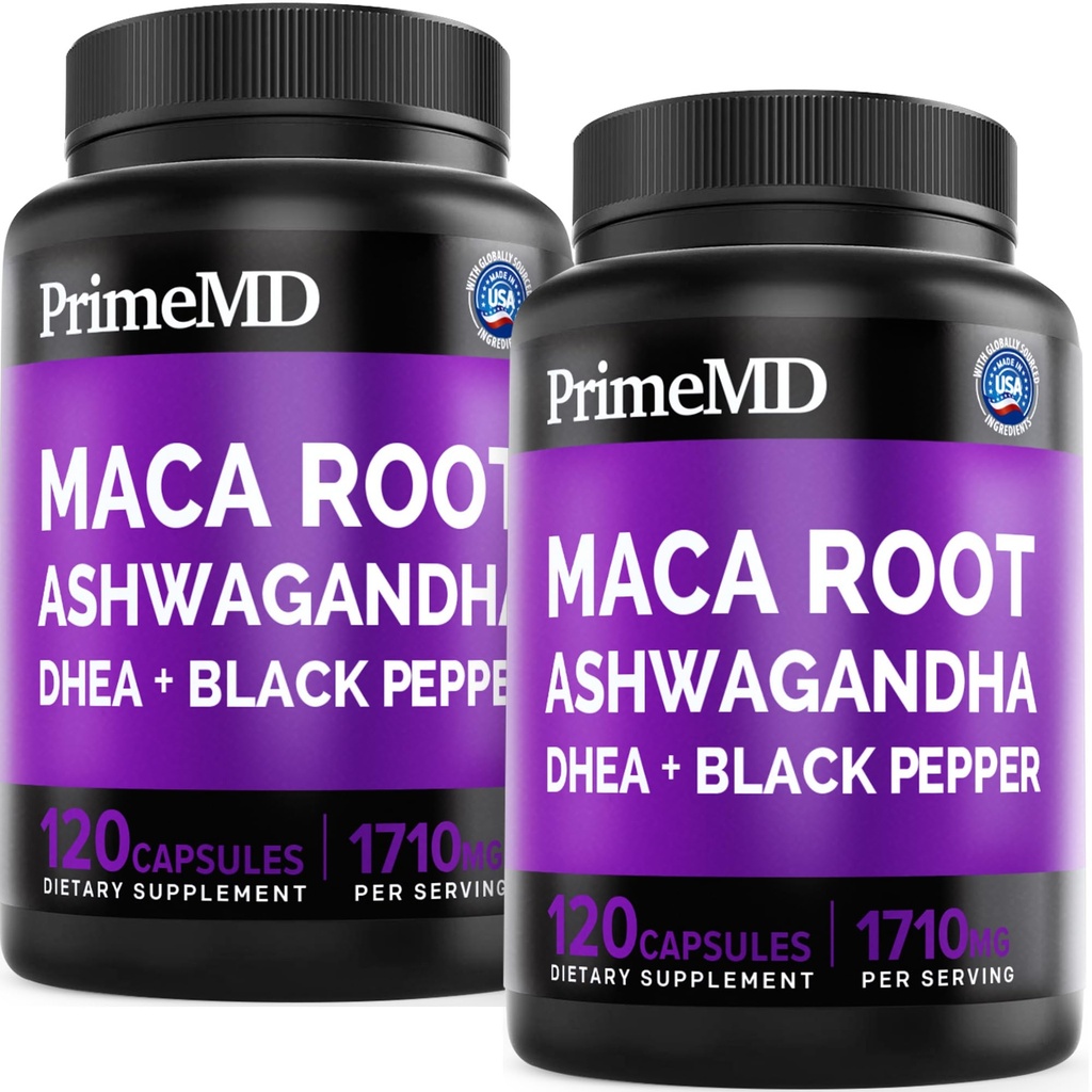 6-in-1 Organic Maca Root Ashwagandha Capsules 1710mg with DHEA and Black Pepper Fruit Extract for Women and Men - Black Maca Supplement for Stamina, Bone and Mood Support Supplement, 120ct (Pack of 2)