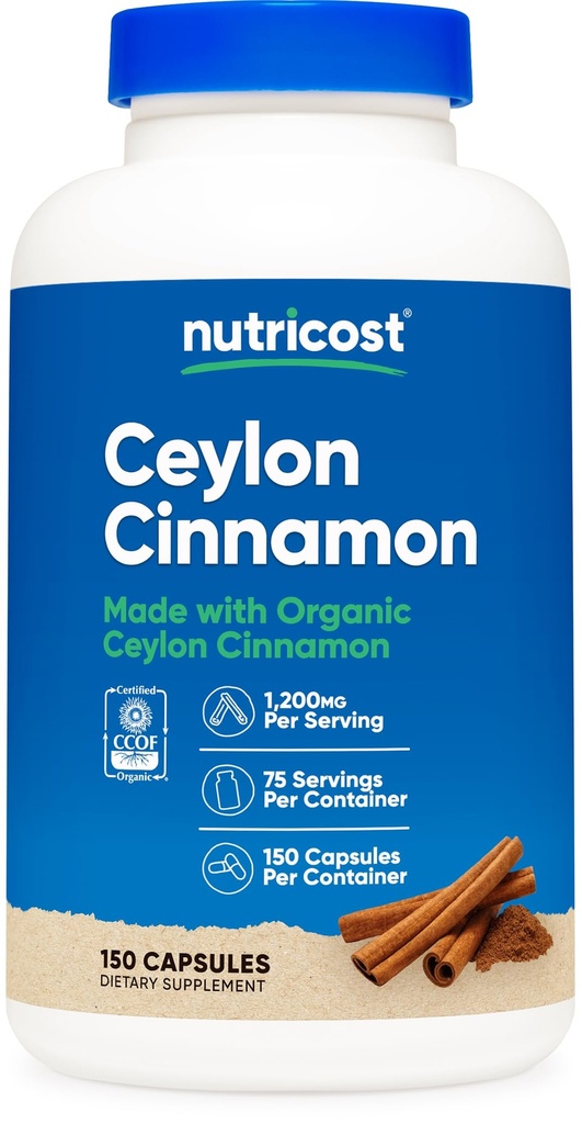 Nutricost Organic Cinnamon (Ceylon Cinnamon) 1,200mg Serving, 150 Capsules - Gluten Free, Non-GMO