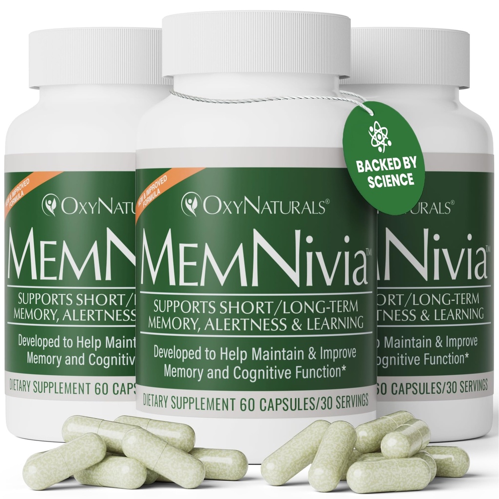 MemNivia Brain Supplements for Memory & Focus | Dual-Sage Stem Cell Formula with Cognivia®, Bacopa, Holy Basil & Ginger | Clinically Proven Mental Clarity Support | 180 Capsules (3 Bottles) | USA Made