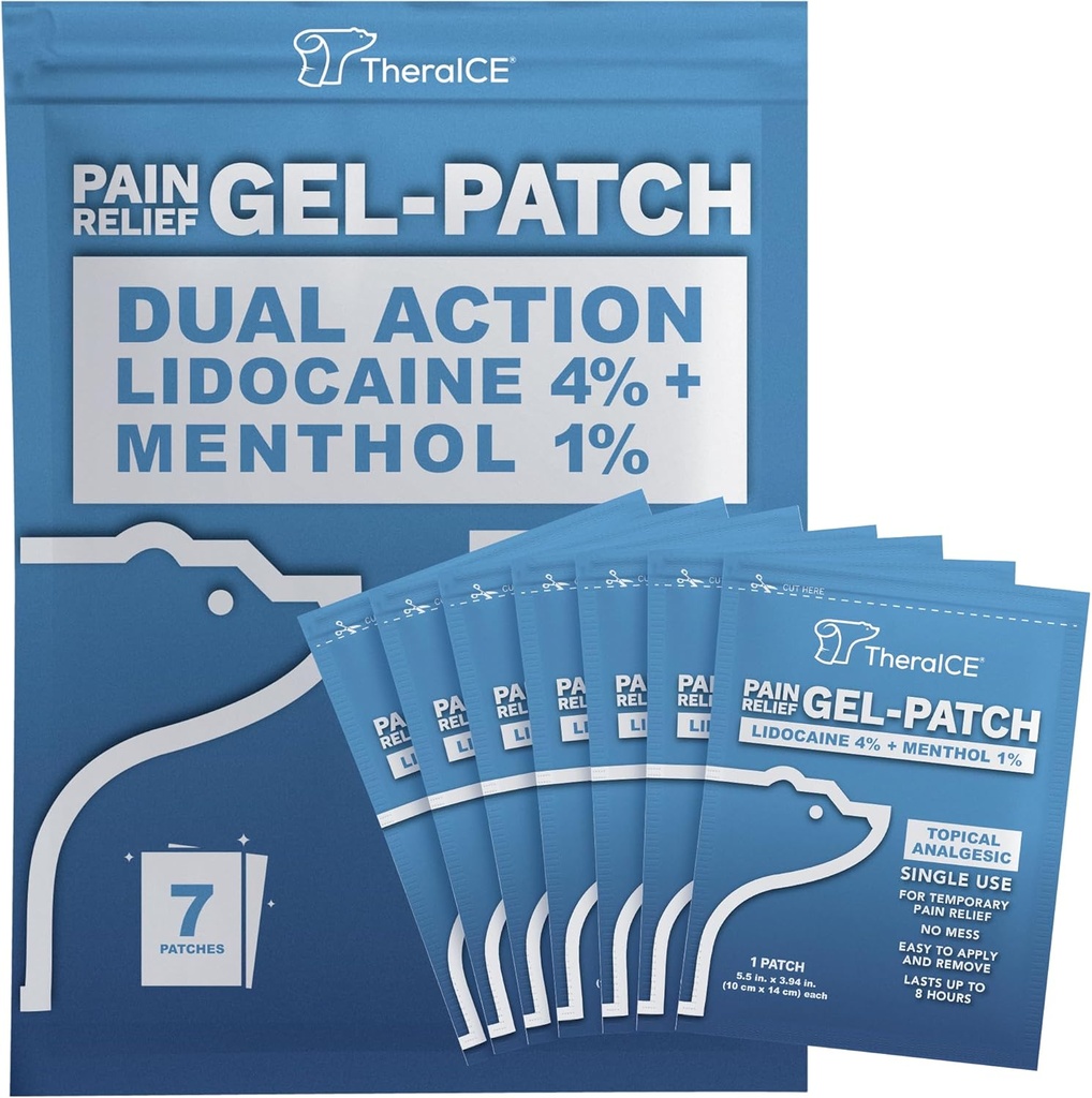 TheraICE Lidocaine Patches Plus Menthol – Maximum Strength Hot & ICY Cold Relief for Back, Neck & Shoulder Pain – 4% Lidocaine + 1% Menthol, Large Size (7 Count)