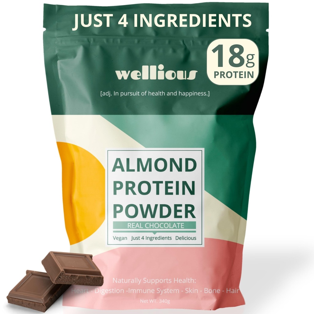 wellious Almond Protein Powder (Chocolate) - 18 Grams of Pure Healthiest Vegan Protein for Women & Men - Perfect Soy-Free & Smooth Gut Friendly Protein Powder for Sports Nutrition