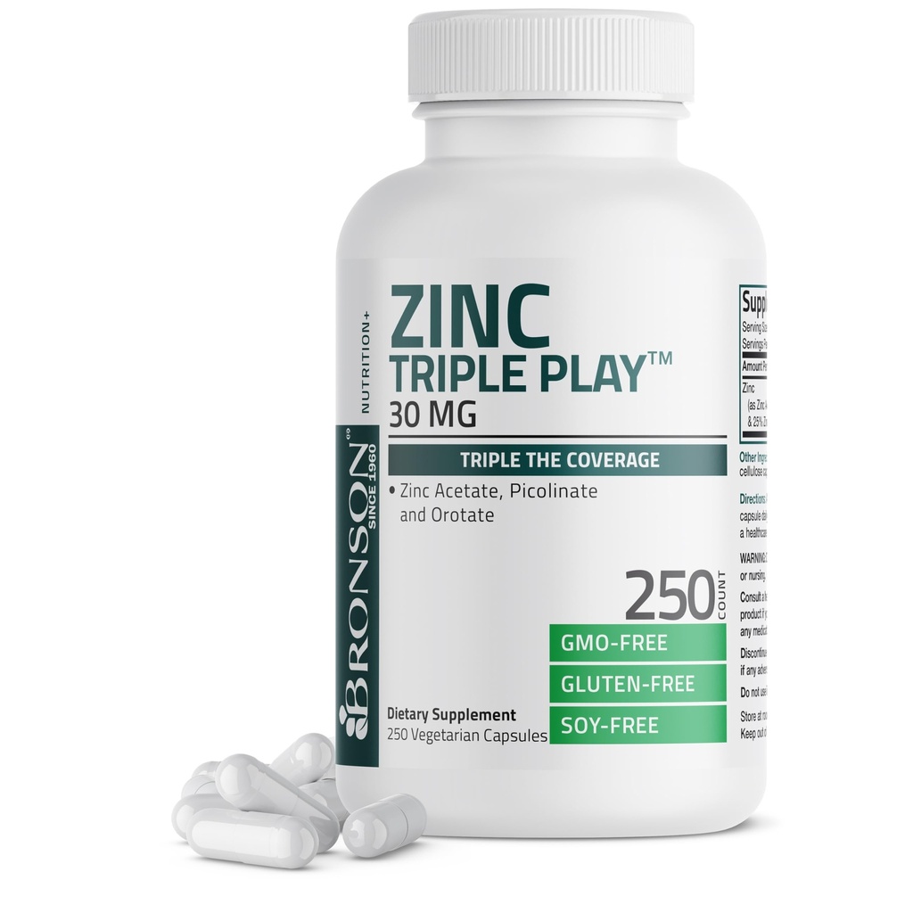 Bronson Zinc Triple Play 30mg Triple Coverage Immune Support with Zinc Acetate, Picolinate & Orotate - Immune, Antioxidant & Skin Health Support - 250 Vegetarian Capsules