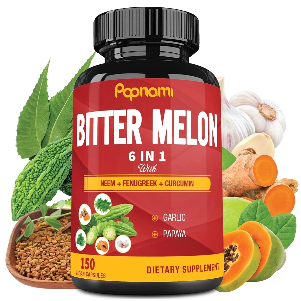 Organic Bitter Melon Extract Capsules - Combined Neem, Fenugreek, Curcumin, Garlic & Papaya - 150 Count for 5 Months - Supports Body, Digestive, Skin, Immune & Overall Wellness