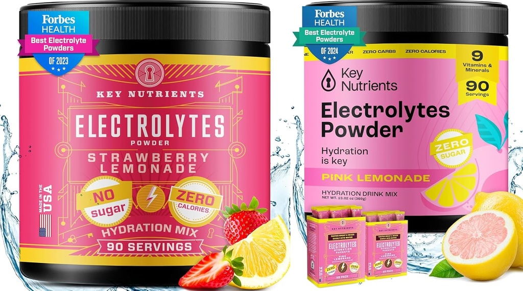 KEY NUTRIENTS Electrolytes & Multivitamin Hydration Powder Bundle – Juicy Strawberry Lemonade & Fresh Pink Lemonade Electrolyte Powders (90 Servings Each) – Sugar-Free, Keto-Friendly, No Calories