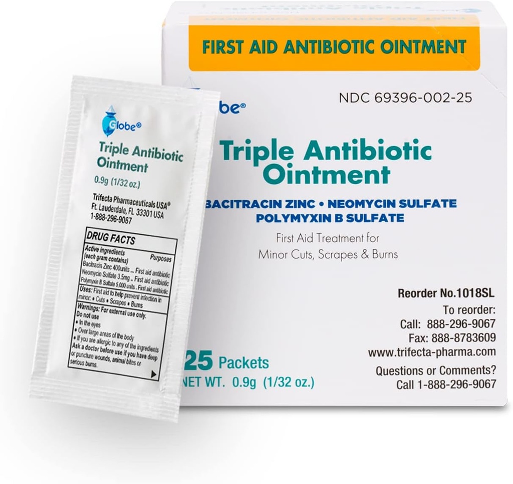Globe (25 Pack Triple Antibiotic Ointment Single Packet, First Aid Kit for Minor Scratches, Wounds, Cuts, and Burns, Prevents Infection, Active Ingredients Compare to Leading Brand, Travel Size, 0.9g