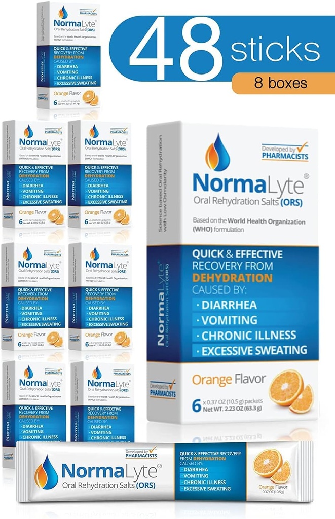 NormaLyte Oral Rehydration Salts-48 Sticks Packs (Yields 500mL per Pack)-Orange| Energy Supplements, Potassium Supplement, Dehydration Recovery and Quick Absorption