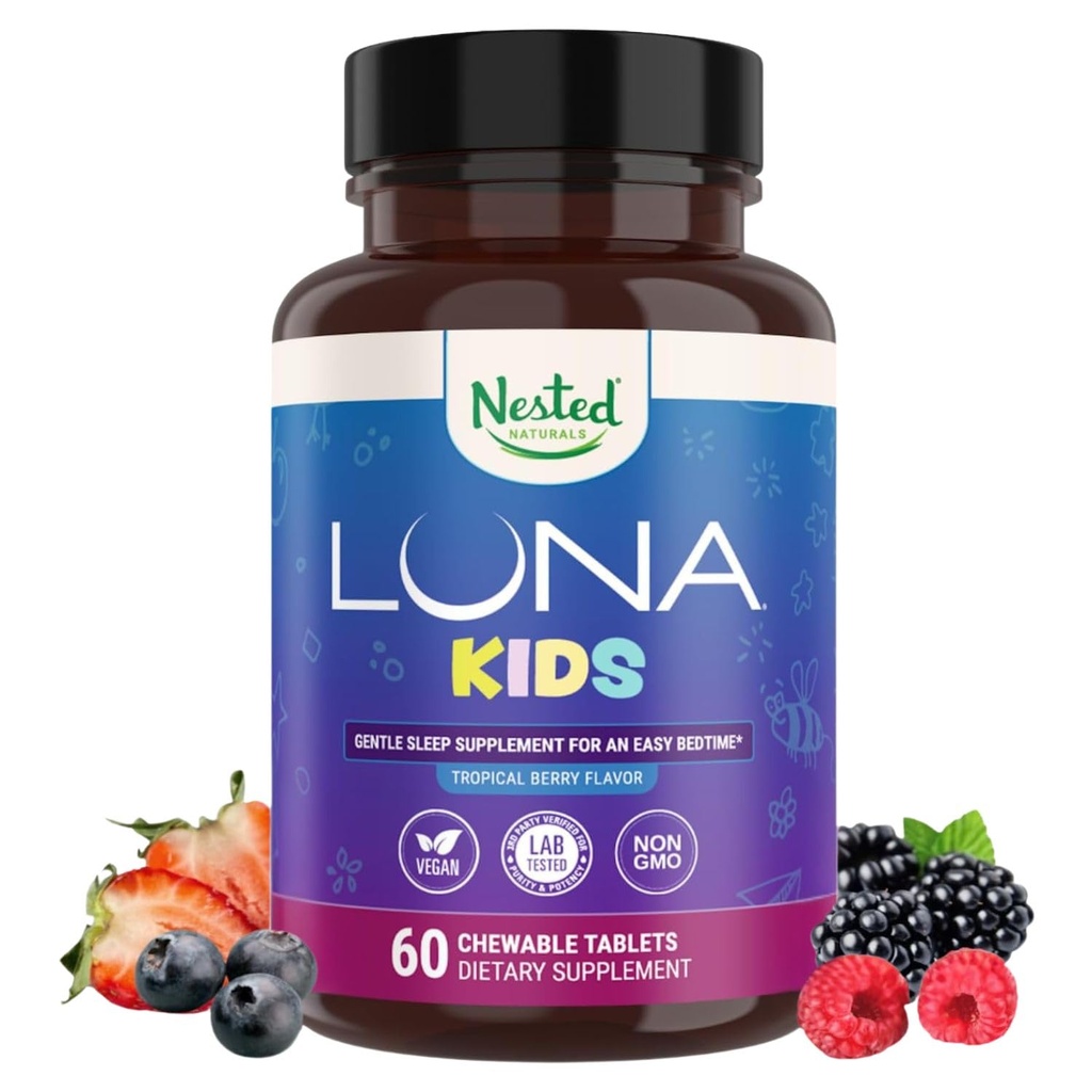 Nested Naturals Luna Kids Sugar-Free Sleep Aid Tablets for Children 4+ - Naturally Sourced Ingredients - Herbal Sleep Supplement with Chamomile, Melatonin, Valerian & Lemon Balm - 60 Chewable Tablets