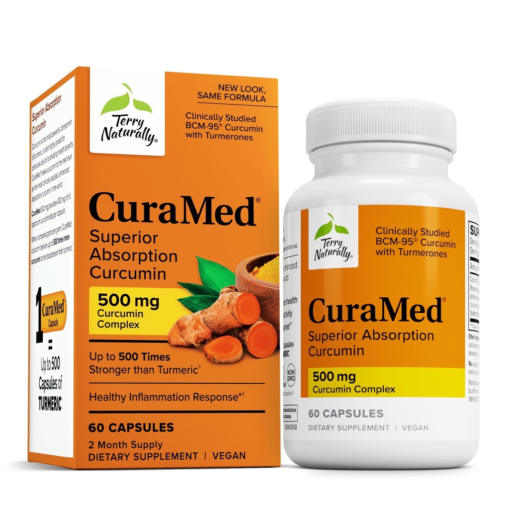 Terry Naturally CuraMed 500mg - Antioxidant Supplement for Brain & Immune Health Support - Supplement with Curcumin & Turmeric Essential Oil - Herbal Liver Support - 60 Capsules