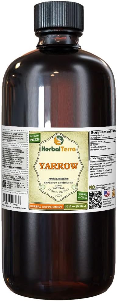 Yarrow (Achillea Millefolium) Tincture, Organic Dried Flowers Liquid Extract (Brand Name: HerbalTerra, Proudly Made in USA) 32 fl.oz (0.95 l)