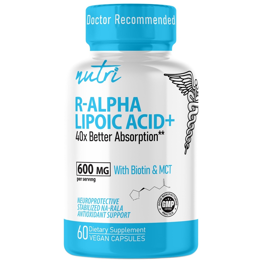 Nutri R Alpha Lipoic Acid 600mg Capsules - R Lipoic Acid Stabilized with Biotin - Active Form of R-ALA - 600 mg Clinical Dosage - Powerful Cellular Energy Support - 60 Vegan Capsules - RALA