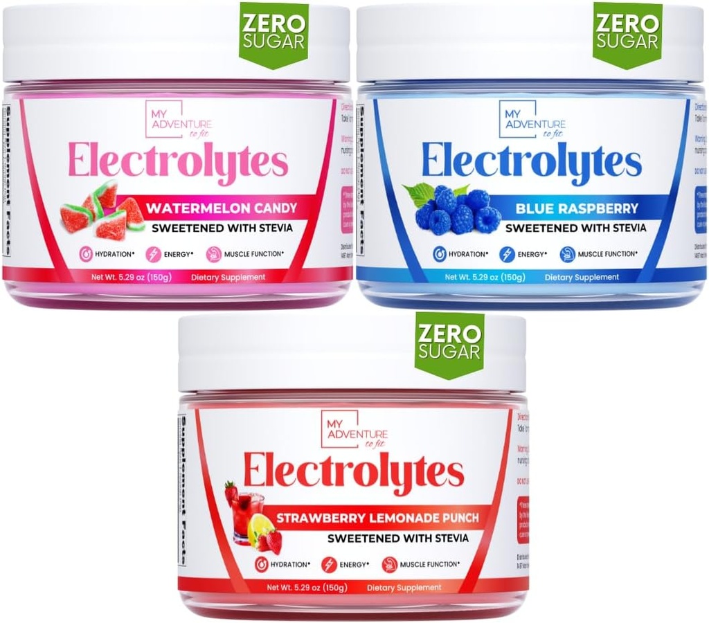My Adventure to Fit Refreshing Hydration Electrolytes Powder with Zero Sugar, Bundle, Blue Raspberry & Watermelon Candy & Strawberry Lemonade Flavors