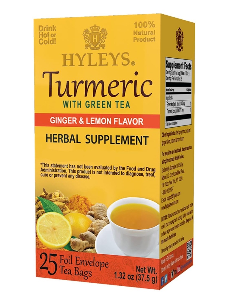 Hyleys Ginger Turmeric Tea Lemon Flavor - 25 Tea Bags (12 Pack - 300 Tea Bags Total) - Wellness Herbal Supplement Green Tea