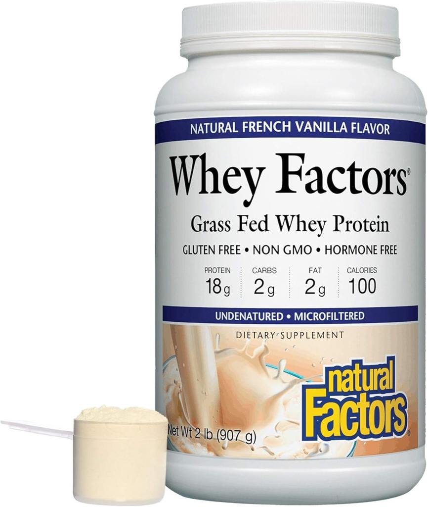 Whey Factors by Natural Factors, Grass Fed Whey Protein Concentrate, Aids Muscle Development and Immune Health, French Vanilla, 2 lb